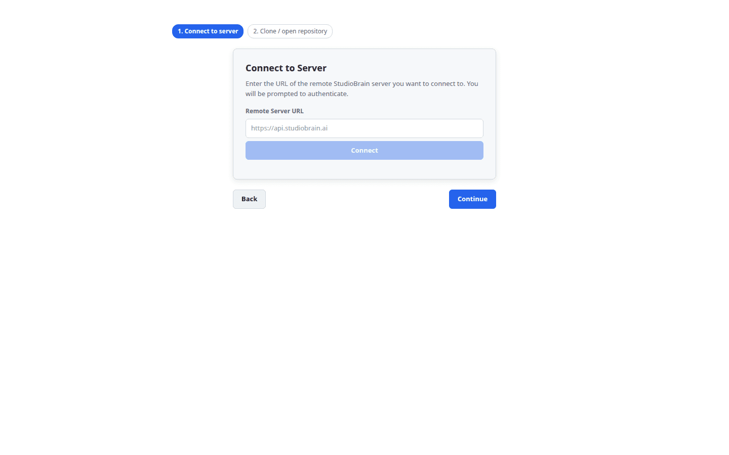 LoreGUI onboarding step for connecting to an existing server.