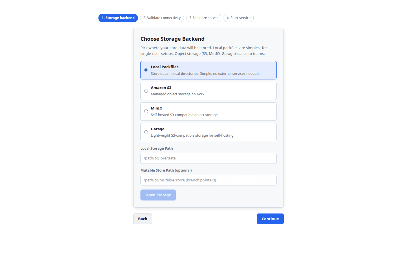 LoreGUI onboarding host step: choosing a storage backend for a new server.