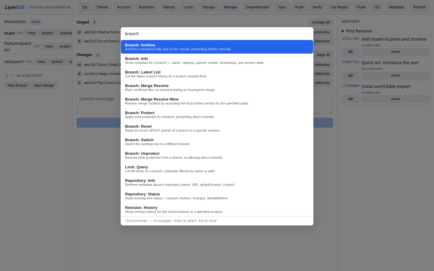 The same LoreGUI command palette and fuzzy search rendered in the light theme.