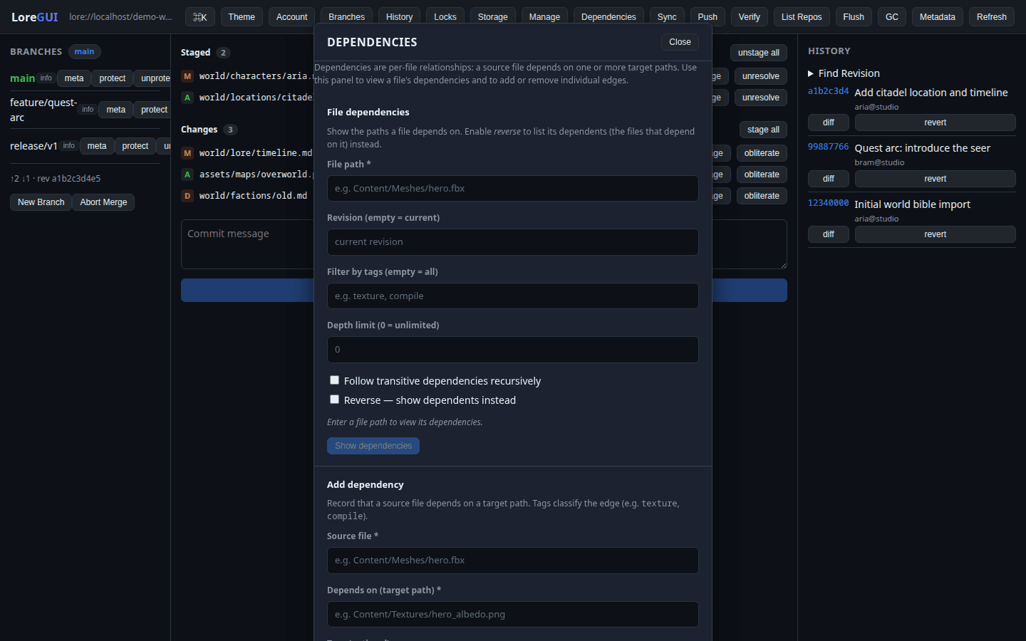LoreGUI dependencies panel showing links between files and referenced assets.
