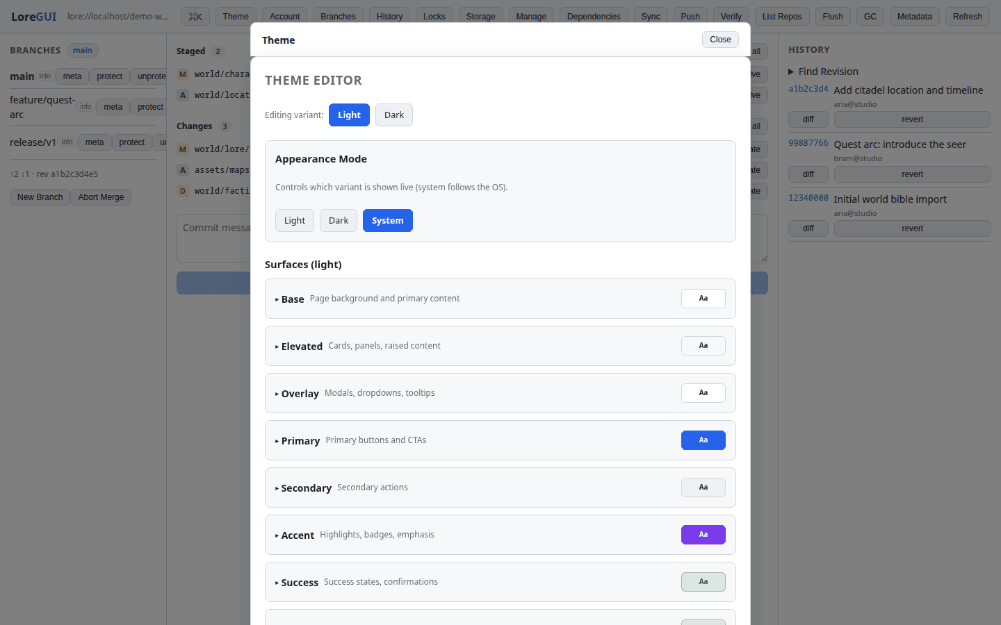 LoreGUI theme editor in a light theme, exposing semantic surface tokens.