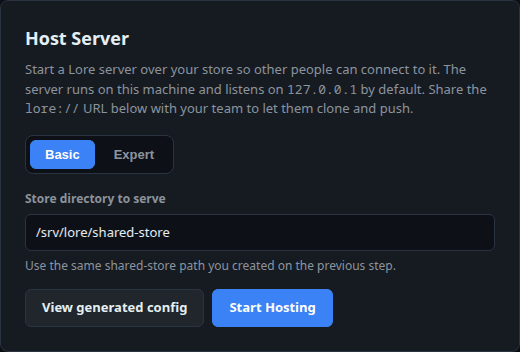 Host a server, Basic mode: store directory plus Start Hosting.