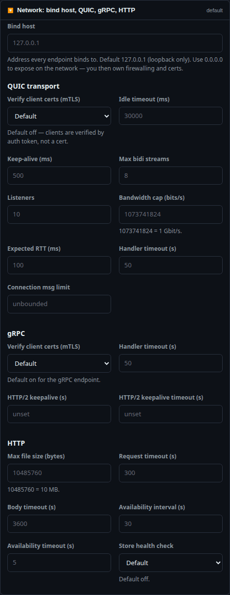 The Network section: bind host with QUIC, gRPC and HTTP tuning.