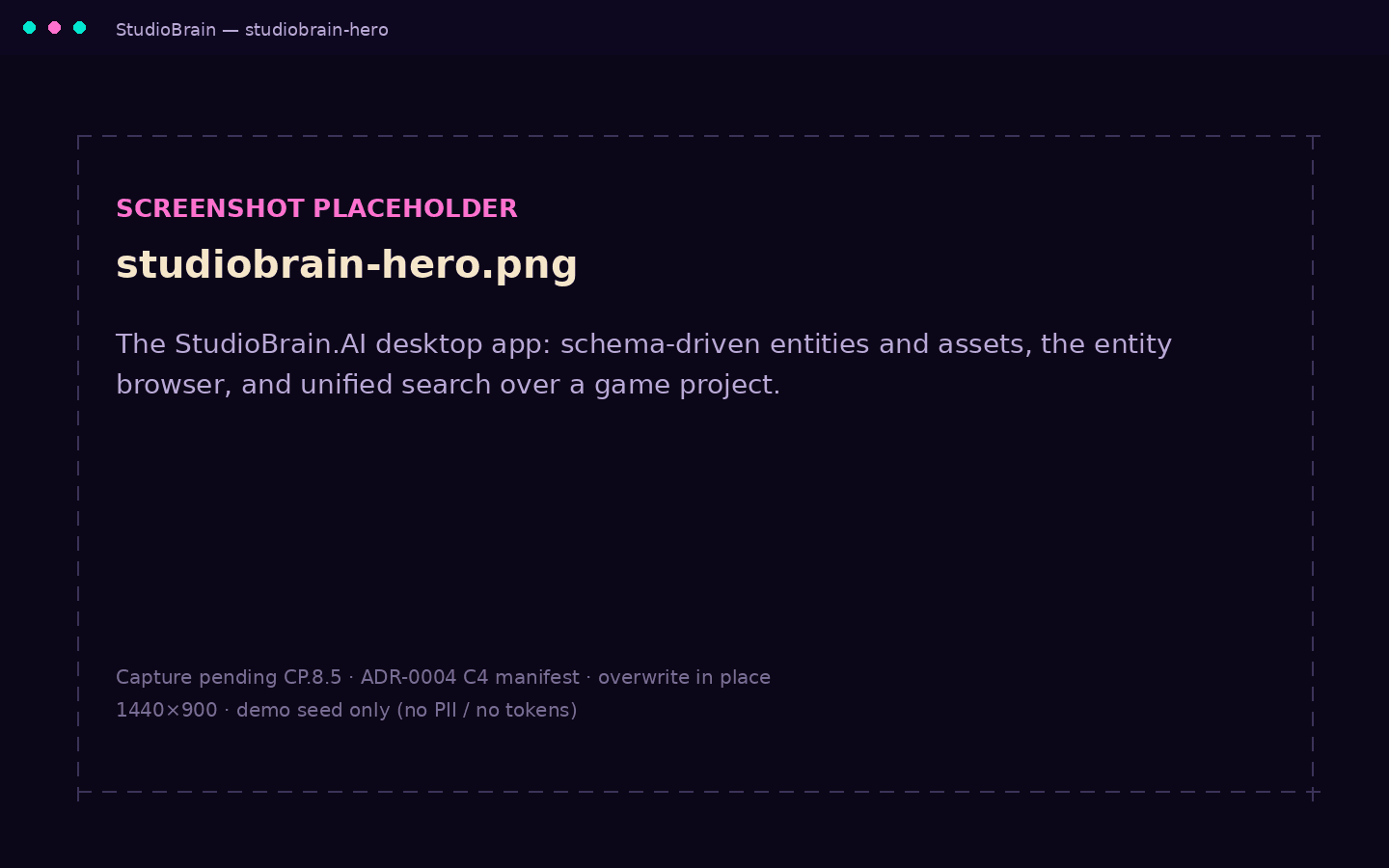The StudioBrain.AI desktop app showing a schema-driven entity and asset browser for a game project, backed by a lore repository.